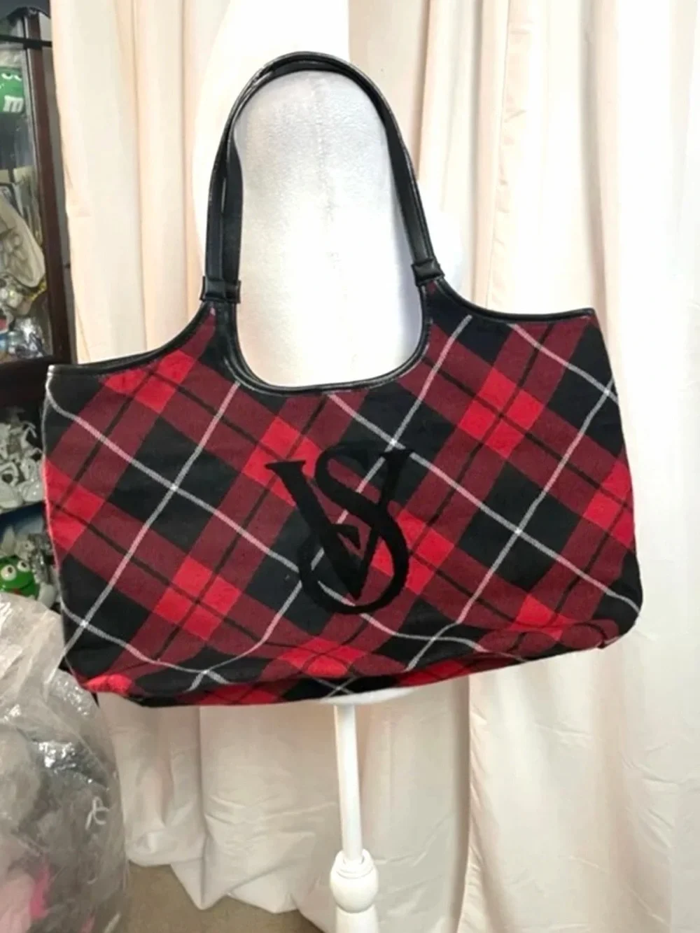Victoria’s Secret WT Plaid Tote Bag with Monogram Accent - Red & Black